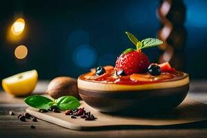 le dessert est servi sur une en bois table avec une verre de du vin et une bol de baies. généré par ai photo