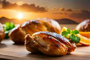 poulet ailes sur une en bois Coupe planche avec le coucher du soleil dans le Contexte. généré par ai photo