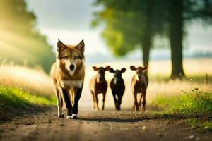 une Loup et sa deux chiens en marchant vers le bas une route. généré par ai photo