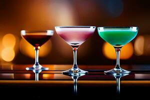 Trois différent coloré des cocktails asseoir sur une tableau. généré par ai photo