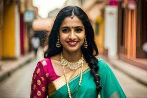 une femme dans une sari souriant et posant pour le caméra. généré par ai photo