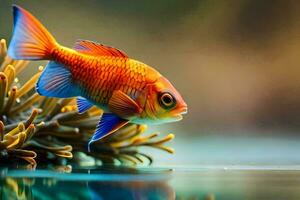 une poisson est séance sur le l'eau avec un anémone. généré par ai photo