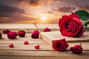 rouge des roses sur une en bois table avec une livre et une le coucher du soleil. généré par ai photo