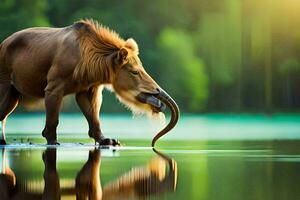 une marron animal avec longue cornes permanent dans l'eau. généré par ai photo