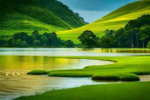 une magnifique paysage avec herbe et l'eau. généré par ai photo