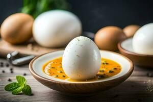 des œufs dans une bol avec sauce et épices. généré par ai photo