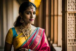 une magnifique Indien femme dans une coloré sari. généré par ai photo