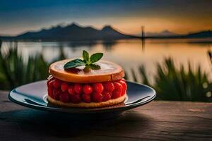 une dessert sur une assiette avec une vue de le lac. généré par ai photo