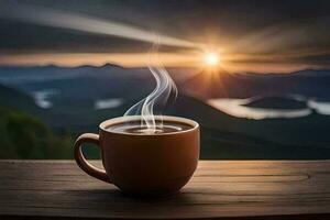 café tasse sur le table avec montagnes dans le Contexte. généré par ai photo