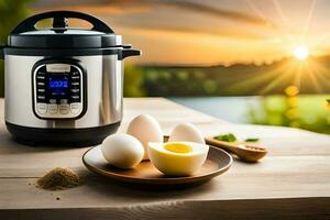 un instant pot avec des œufs et une bol de des œufs. généré par ai photo