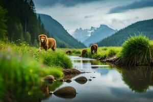 photo fond d'écran le ciel, montagnes, rivière, animaux, le forêt, le montagnes, le forêt. généré par ai