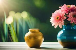 deux des vases avec rose fleurs séance sur une tableau. généré par ai photo
