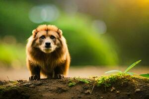 une Lion permanent sur une saleté chemin dans le forêt. généré par ai photo