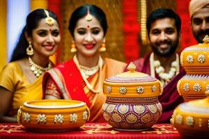 une couple et leur copains pose pour une photo avec leur mariage cadeaux. généré par ai