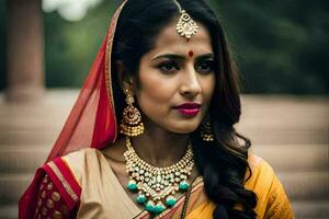 une magnifique Indien femme portant traditionnel bijoux. généré par ai photo