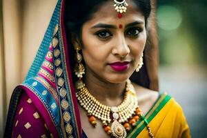 une magnifique Indien femme portant une coloré sari. généré par ai photo