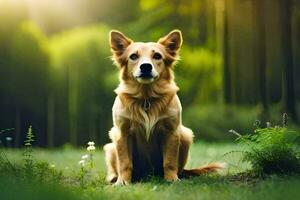 une chien séance dans le herbe avec des arbres dans le Contexte. généré par ai photo