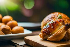 une poulet sur une en bois table avec certains pain. généré par ai photo