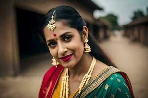 une femme dans traditionnel sari pose pour une portrait. généré par ai photo