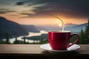 une tasse de café sur une en bois table avec une vue de le montagnes. généré par ai photo