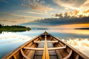 une canoë est vu dans le milieu de une Lac à le coucher du soleil. généré par ai photo
