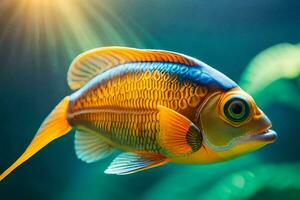 une poisson avec brillant couleurs nager dans le l'eau. généré par ai photo