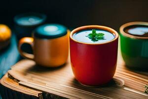 Trois coloré tasses de café sur une en bois tableau. généré par ai photo