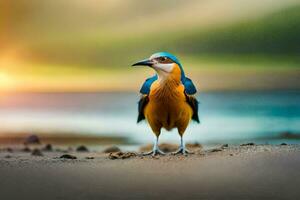 une bleu et Orange oiseau permanent sur le plage. généré par ai photo