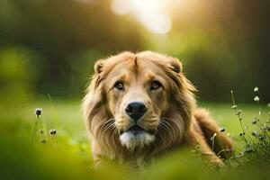 une Lion est séance dans le herbe. généré par ai photo