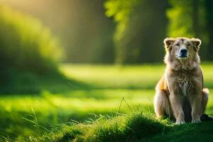 une chien séance sur une herbeux colline dans le milieu de une champ. généré par ai photo