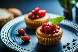 deux petits gâteaux avec des fraises sur une noir plaque. généré par ai photo