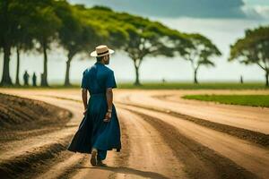 une homme dans une bleu robe et chapeau en marchant vers le bas une saleté route. généré par ai photo