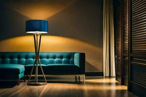 une bleu canapé et lampe dans une chambre. généré par ai photo