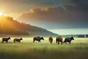 les chevaux dans le montagnes à le coucher du soleil. généré par ai photo