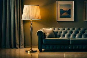 une bleu canapé et lampe dans une chambre. généré par ai photo