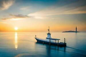 une bateau dans le l'eau à le coucher du soleil. généré par ai photo