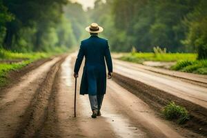 une homme dans une bleu costume et chapeau en marchant vers le bas une saleté route. généré par ai photo