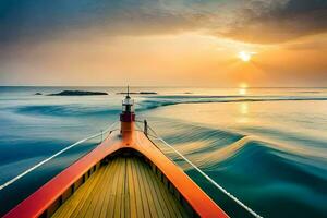 une bateau dans le océan à le coucher du soleil. généré par ai photo