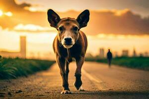 une chien en marchant vers le bas une route à le coucher du soleil. généré par ai photo