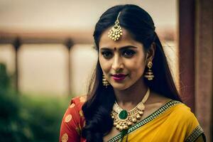 une magnifique Indien femme portant une Jaune sari et or bijoux. généré par ai photo