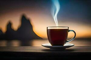 une tasse de café sur une table avec montagnes dans le Contexte. généré par ai photo