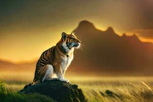 une tigre séance sur une Roche dans le milieu de une champ. généré par ai photo