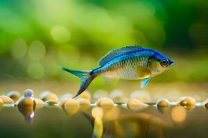 une poisson est permanent sur une petit Roche dans le l'eau. généré par ai photo