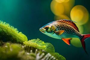 une poisson nager dans un aquarium avec algues. généré par ai photo