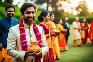 Indien mariage la cérémonie dans Delhi. généré par ai photo