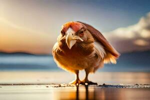 une poulet est permanent sur le plage à le coucher du soleil. généré par ai photo