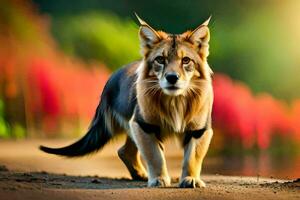 une Loup est en marchant sur le sol. généré par ai photo