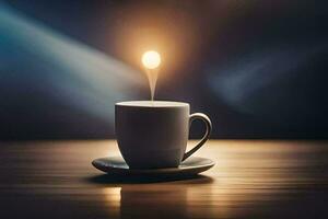 une tasse de café sur une table avec une brillant lumière. généré par ai photo