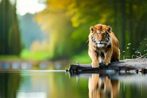 une tigre est permanent sur une Journal dans le l'eau. généré par ai photo