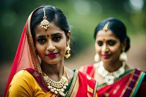 deux femmes dans traditionnel Indien tenue. généré par ai photo